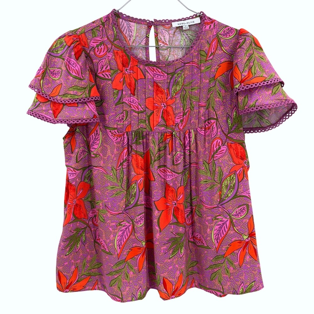 Rose + Olive Womens Flutter Sleeve Floral Pintuck Blouse‎ Top Purple Lace L